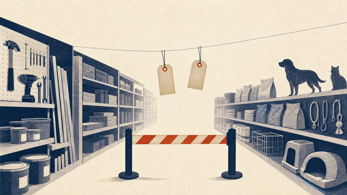 Editorial illustration of a home-center aisle merging into a pet-supplies aisle, with suspended dates and a compliance barrier suggesting a delayed transaction.