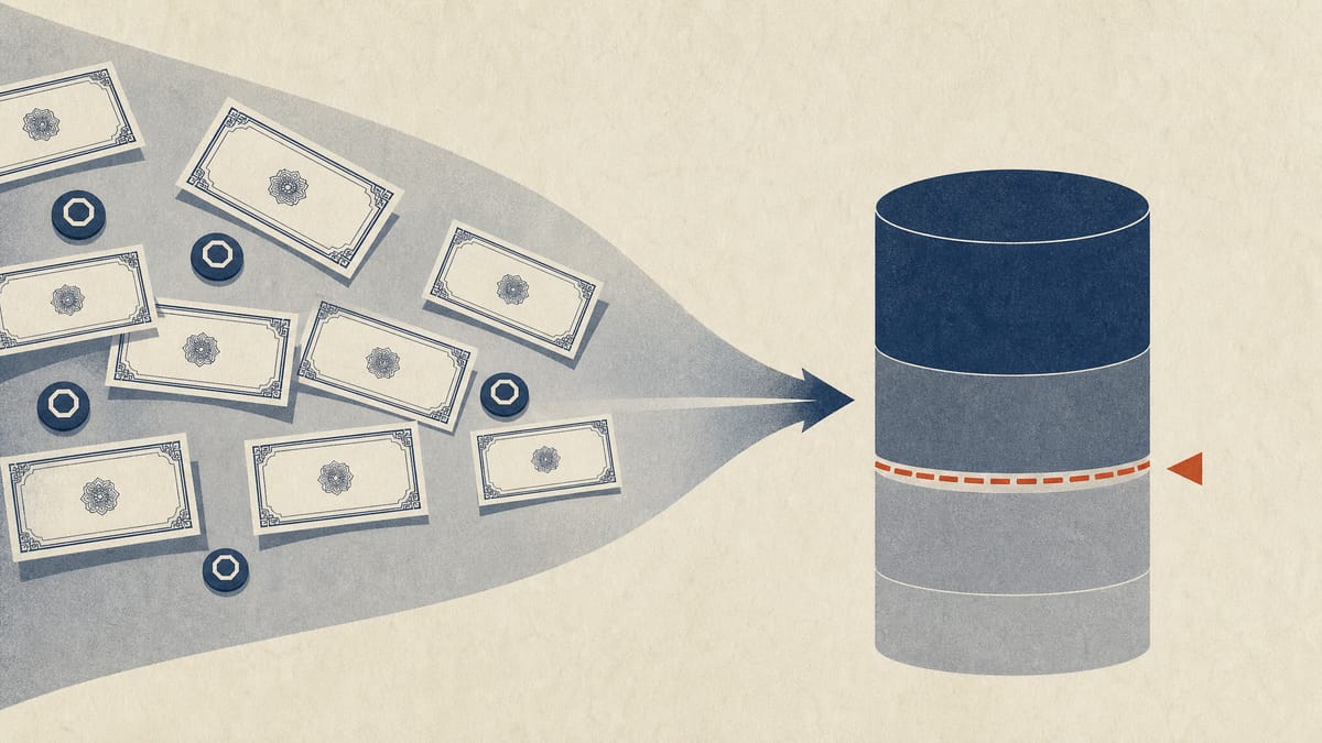 Editorial illustration of share certificates and stock-right tokens converging into a single ownership block with a threshold marker.