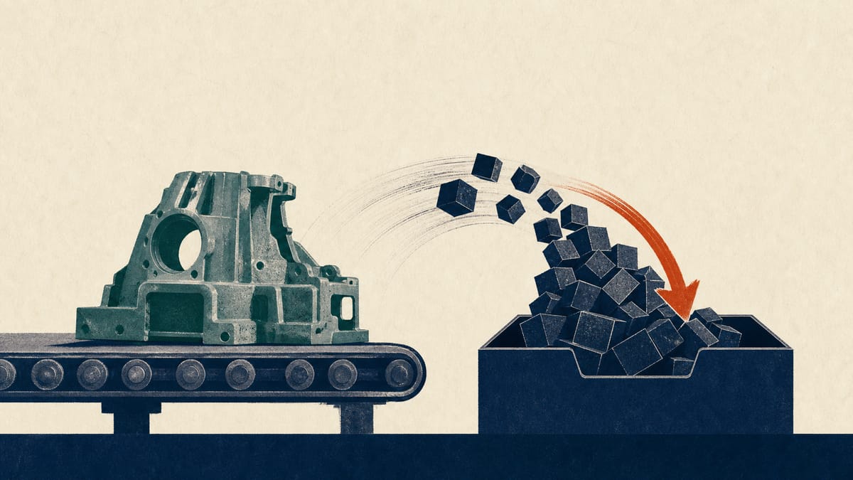 Editorial illustration of industrial machine parts and abstract share blocks showing a large one-day share buyback.