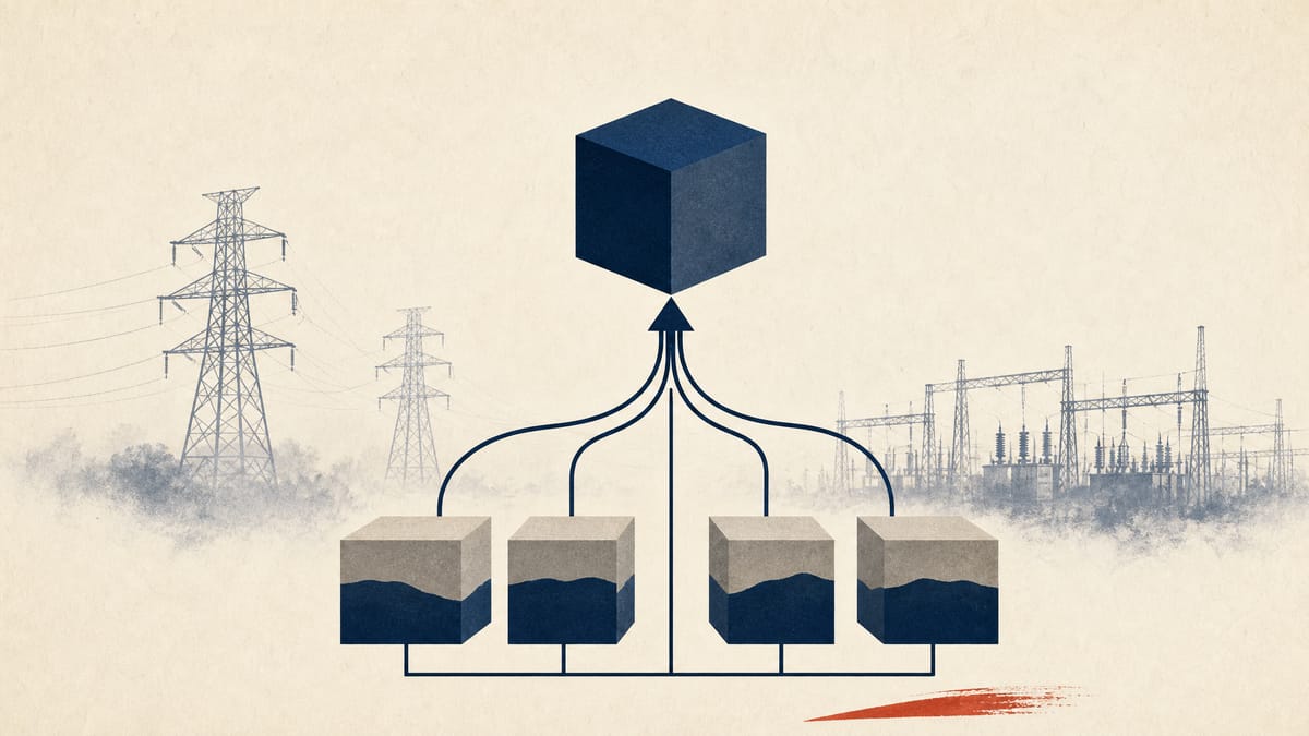 Abstract illustration of utility infrastructure feeding into a new parent-company ownership structure.