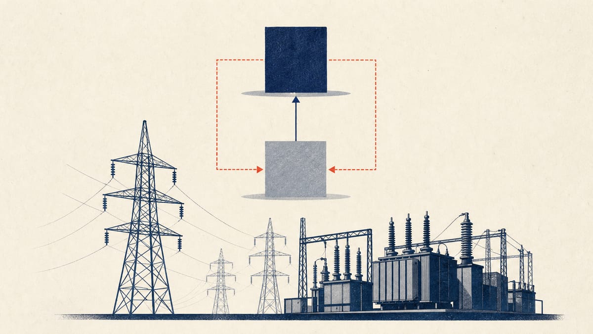 Abstract illustration of utility assets feeding into a new holding-company ownership structure with shares moving one for one.