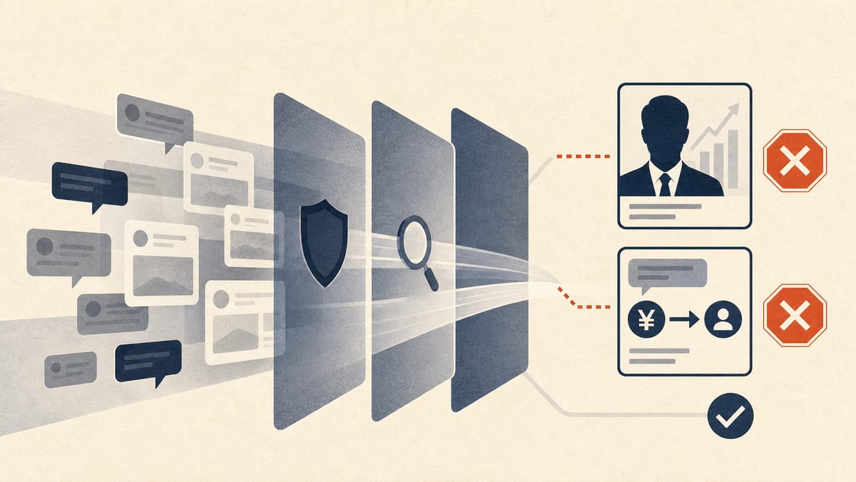 Illustration of online ads and payment-related posts moving through compliance filters, with scam content flagged.