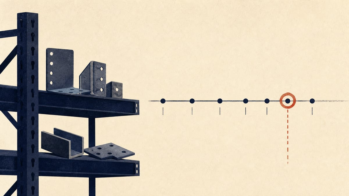 Industrial building hardware on warehouse shelves with an abstract timeline marking a delayed compliance checkpoint.