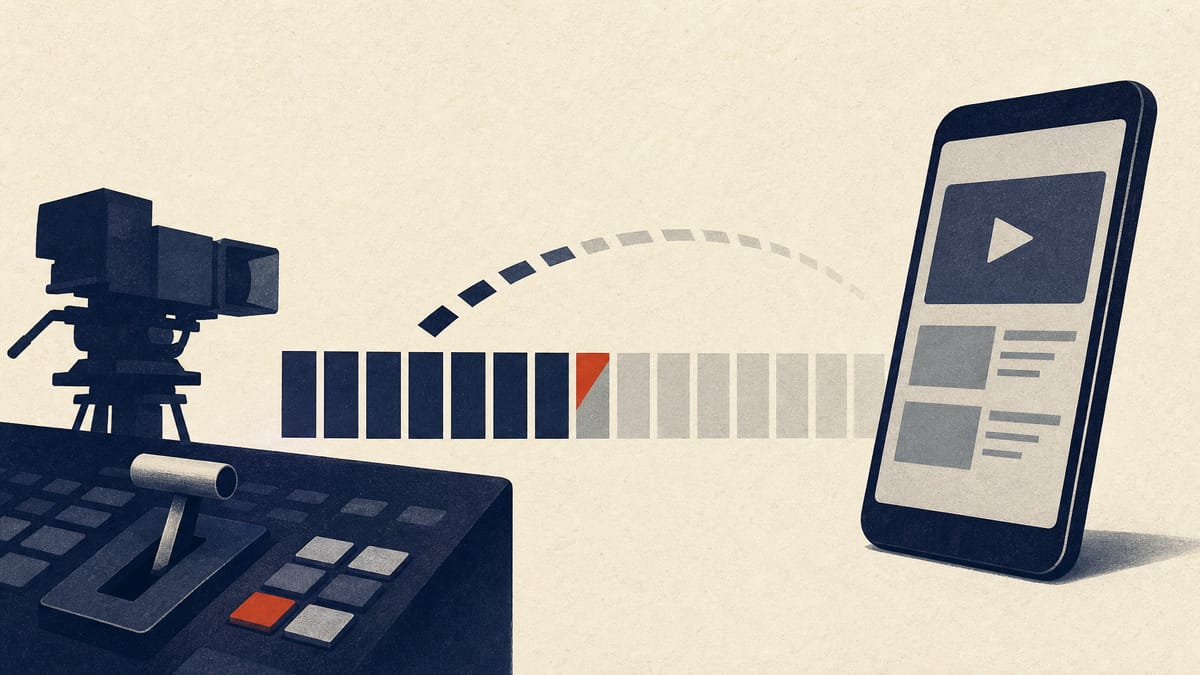 Abstract editorial image of ownership blocks moving between a broadcaster and a streaming company, with a control bar just above 50%.
