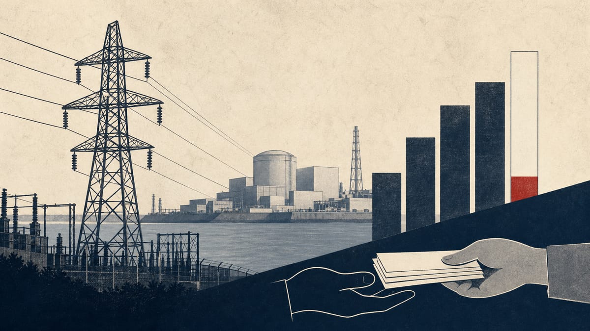 Editorial illustration of power-grid equipment and a distant nuclear plant with abstract reserve-fund graphics.