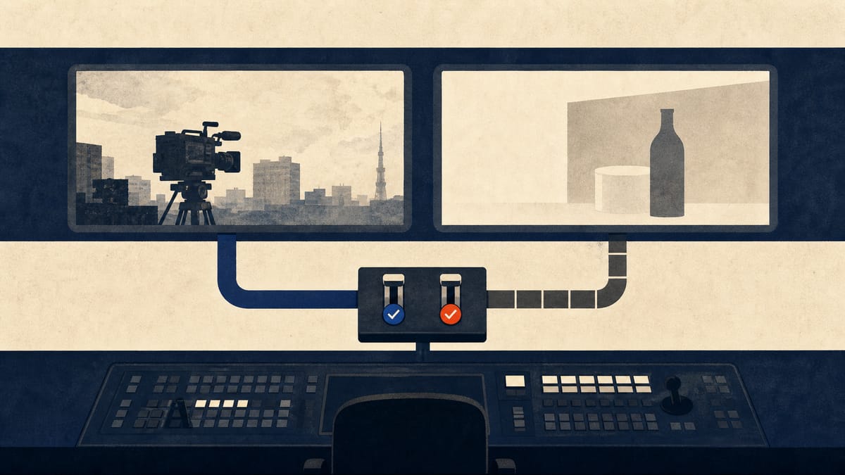 Editorial illustration of a broadcast control room showing program and advertising feeds kept clearly separate.