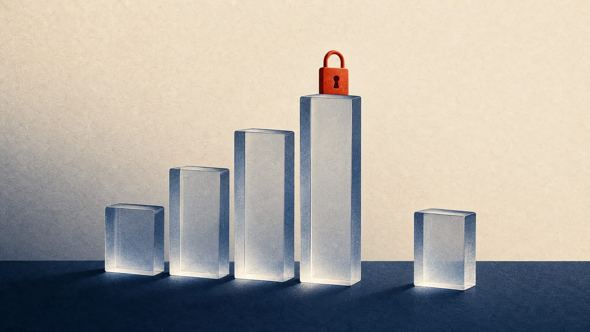 Illustration of four stacked glass blocks representing a four-year stock vesting schedule next to a single smaller block for a one-year plan, with a small padlock symbolizing clawback rights.