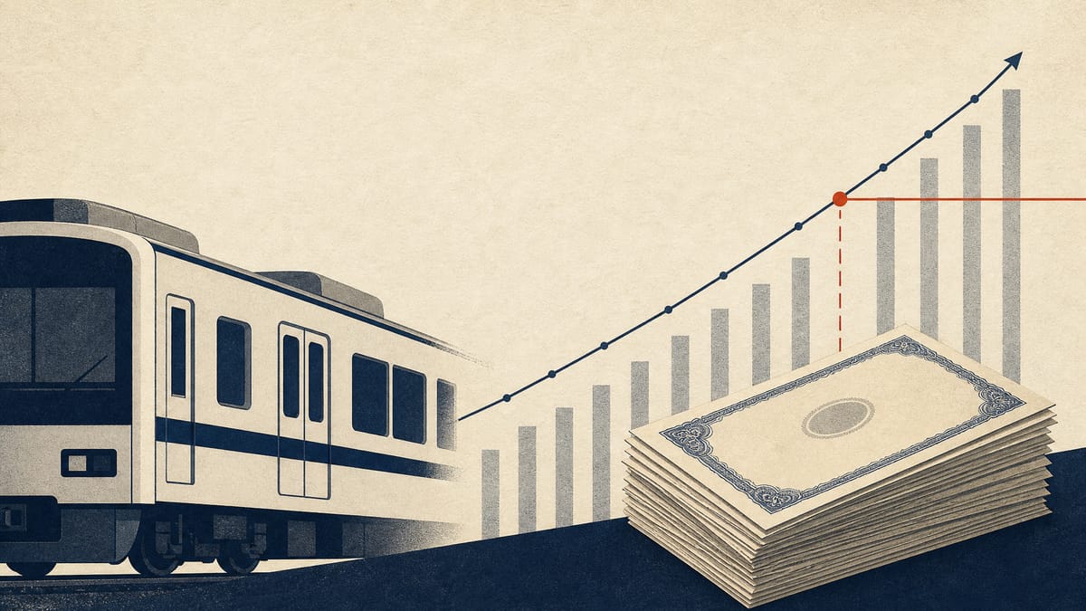 Illustration of a generic commuter train carriage next to a stack of share certificates and a rising bar chart crossing an ownership threshold line.