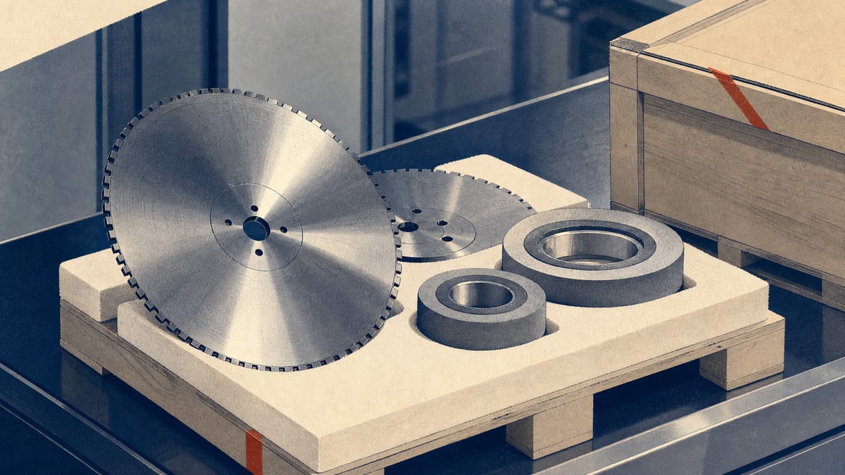 Precision wafer-cutting and grinding tools staged for shipment on a pallet in a semiconductor equipment factory