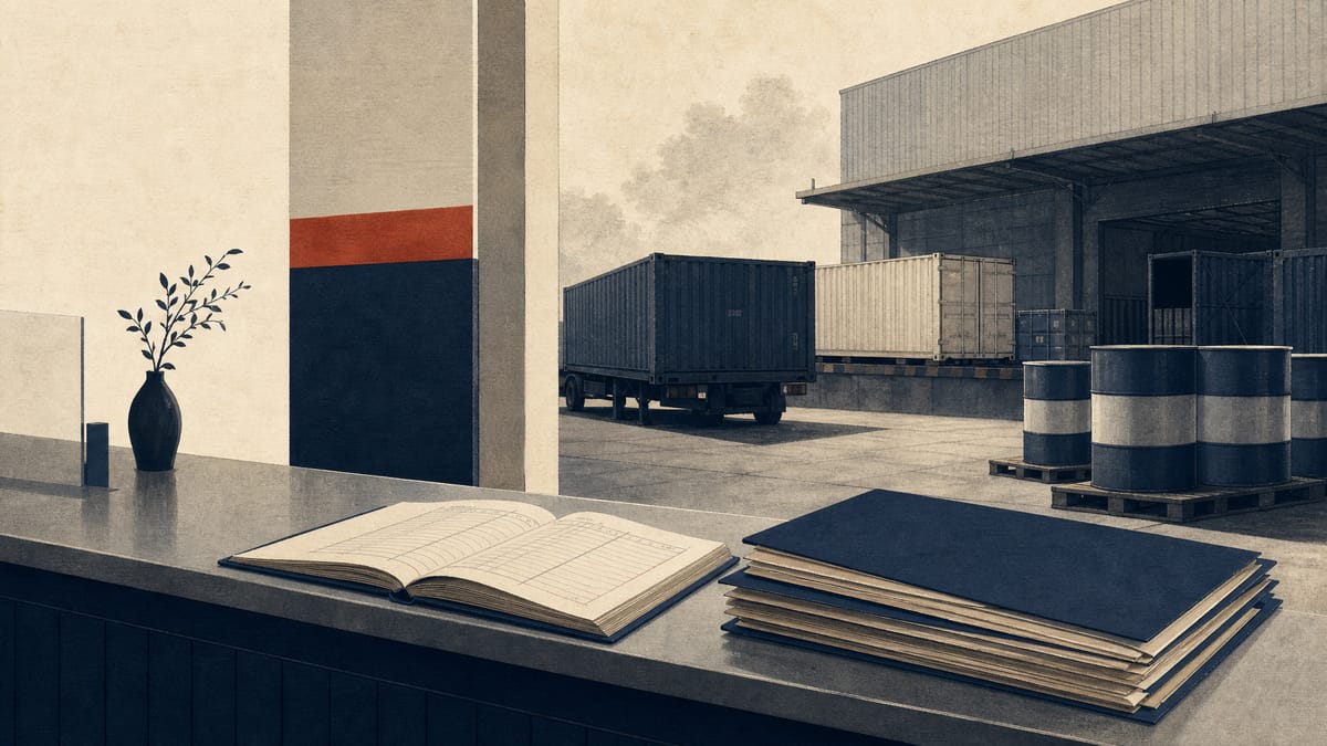 Editorial image of a regional bank counter beside a warehouse dock with stalled containers and solvent drums, representing supply-chain strain feeding into lending decisions.