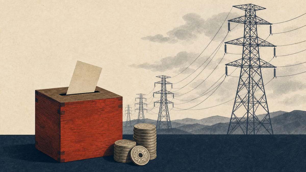 Editorial illustration of transmission towers with a ballot box and yen coins in the foreground, representing a utility shareholder vote.