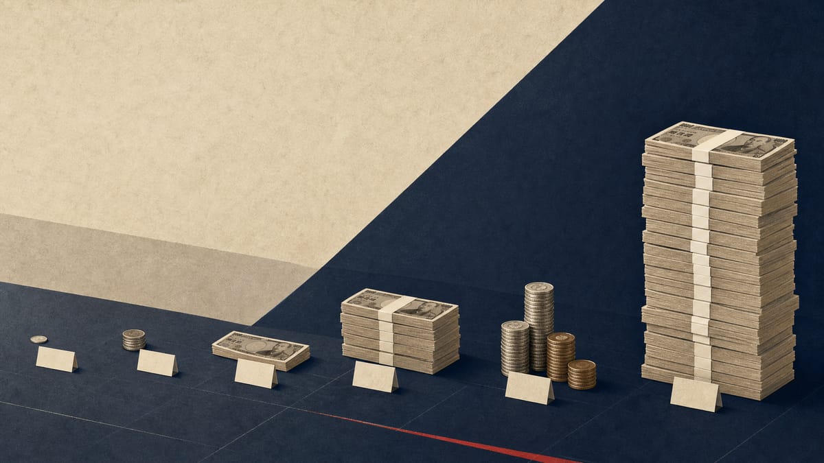 Illustration of unevenly sized stacks of yen banknotes next to blank corporate placards, representing the wide range in Japanese companies' June 2026 share buyback spending.