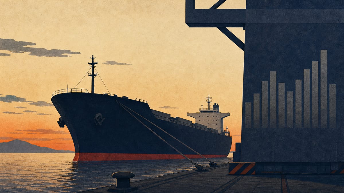 A cargo ship docked at a Japanese port with an abstract financial bar-graph motif faintly visible on nearby port machinery, symbolizing a corporate share buyback program.