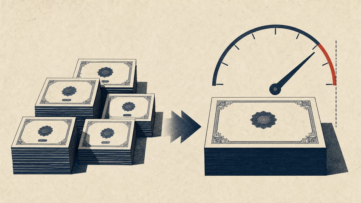 Illustration of stock certificates being consolidated toward an ownership threshold gauge, representing a corporate tender offer buyout.