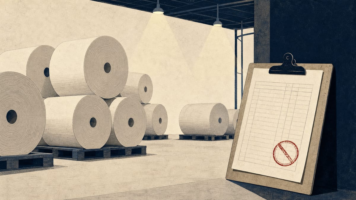 Editorial illustration of a paper warehouse with stacked paper rolls and a clipboard showing a small red cancellation stamp, symbolizing a subsidy refund.