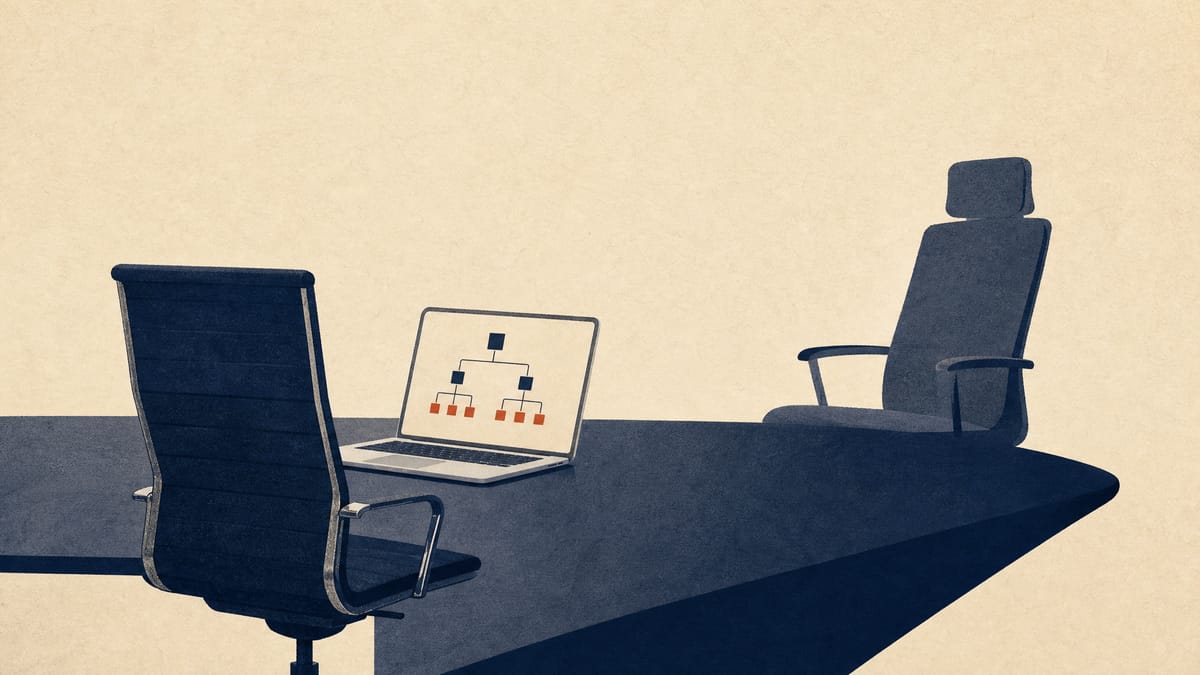 Illustration of two boardroom chairs, one positioned as an active operator and one turned in an oversight posture, symbolizing a split leadership structure.