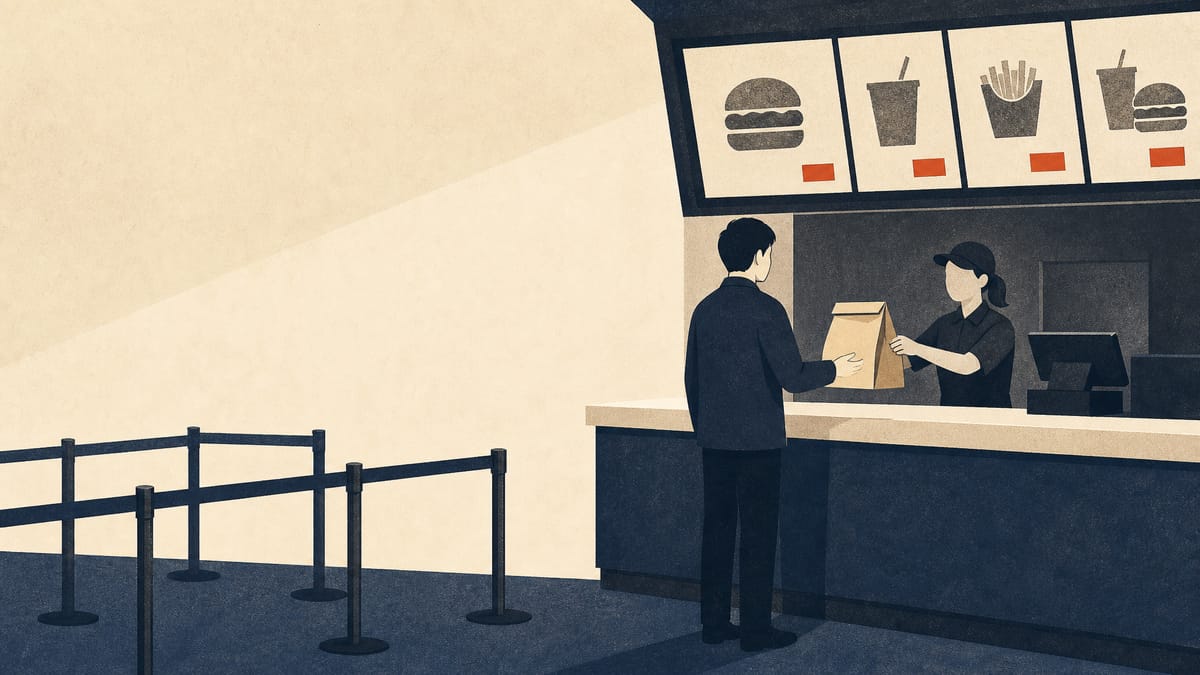 Illustration of a fast-food counter with a thin customer queue and a digital menu board showing price tags, evoking higher prices and fewer visits.