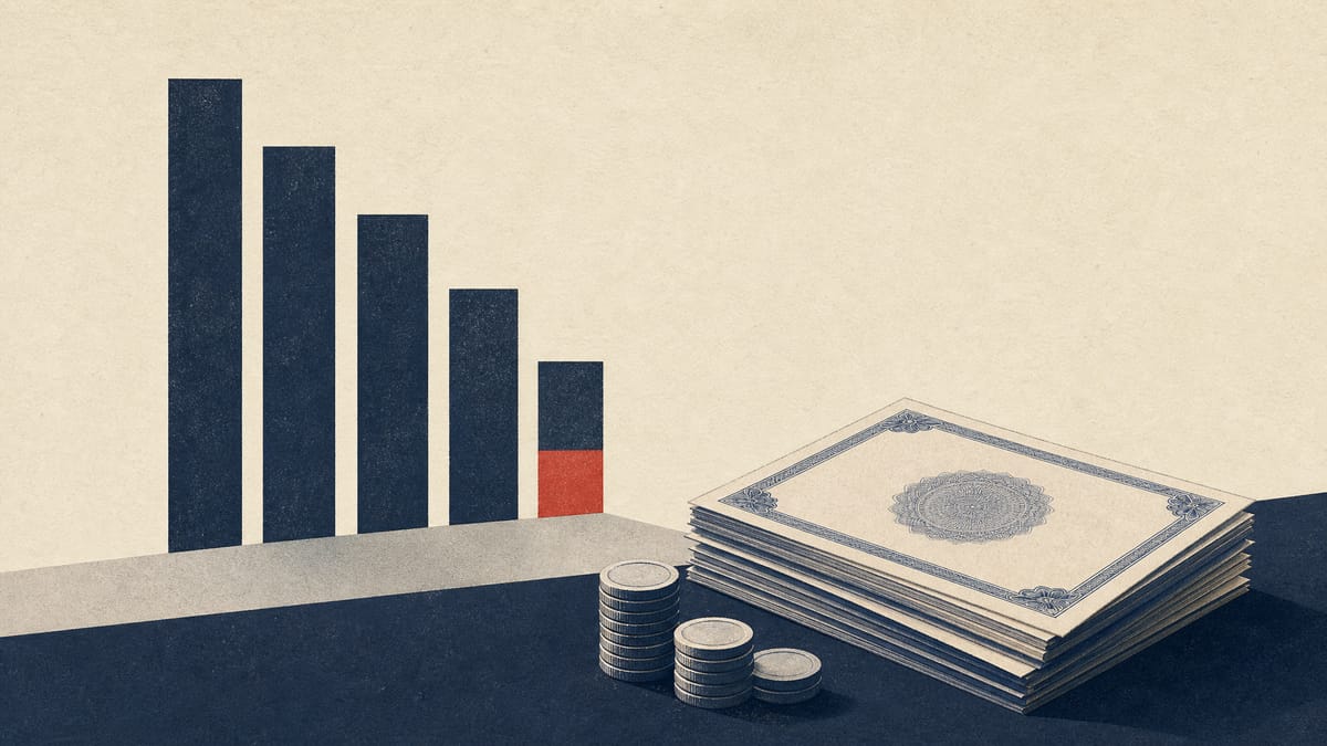Illustration of a shrinking ownership-percentage bar chart with stacked share certificates and yen coins, representing a reduced shareholding stake.