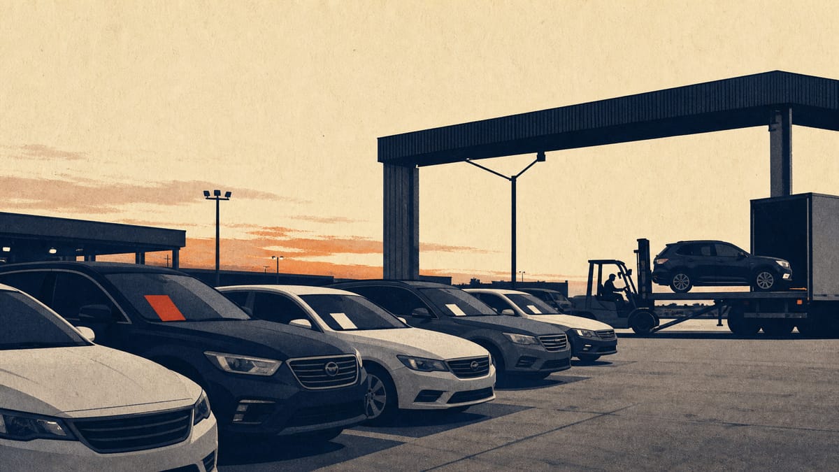Illustration of a used-car dealership lot with rows of vehicles, price-tag placards, and a wholesale auction gate in the background.