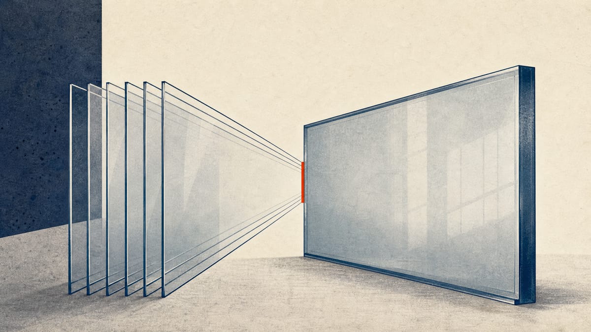 Illustration of stacked industrial glass sheets narrowing into a single pane, symbolizing multiple shareholder stakes consolidating into one owner.