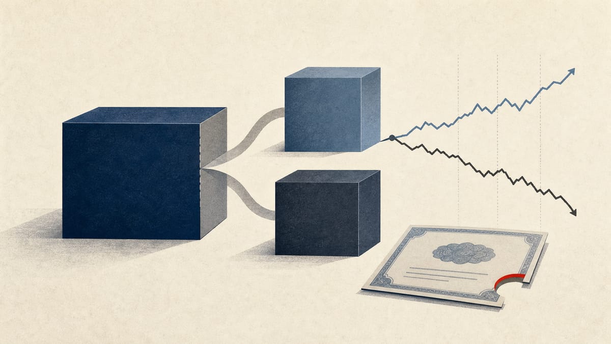 Editorial illustration of a corporate ownership block dividing into two entities alongside two diverging stock-price lines and a small bond certificate motif.