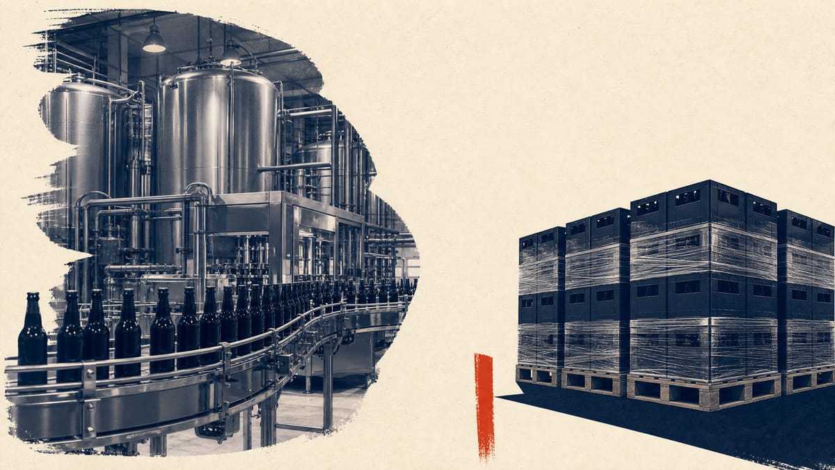Illustration of a brewery bottling line with stacked export crates, representing a cross-border beer joint venture.