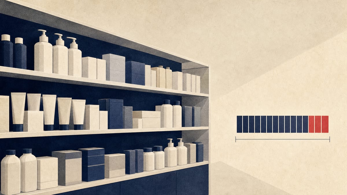 Editorial illustration of drugstore retail shelves with a small ownership-percentage graphic, representing an investor group's rising stake in a Japanese drugstore chain.