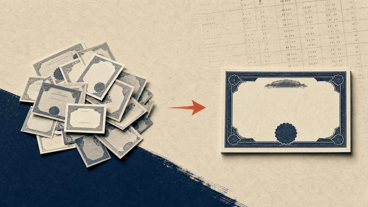 Illustration of numerous small stock certificates merging into a single certificate, representing a share consolidation that squeezes out minority shareholders.