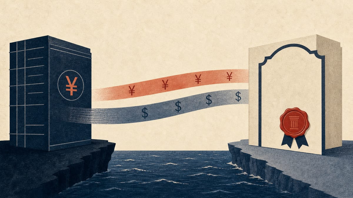 Illustration of yen and dollar currency flows connecting a Japanese bank to a newly formed US trust company, with an abstract trust seal and no text or logos.