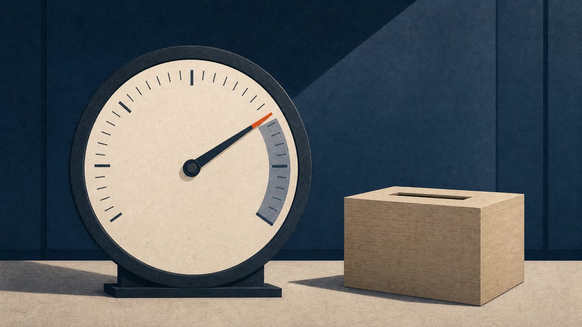Illustration of a vote-tally gauge with its needle resting near the two-thirds mark next to a plain ballot box, symbolizing a narrow corporate shareholder vote.