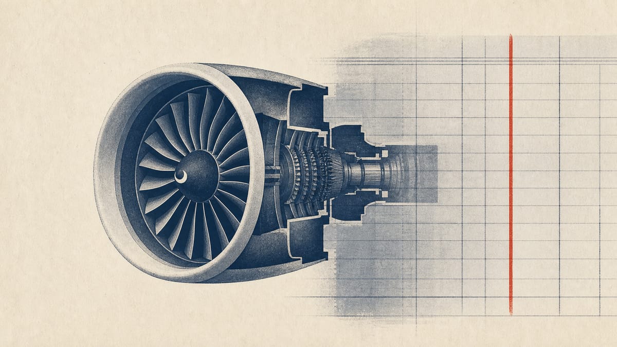 Illustration of an aircraft engine cross-section overlaid with a faint financial ledger grid, symbolizing covenant thresholds on an aircraft-leasing loan.