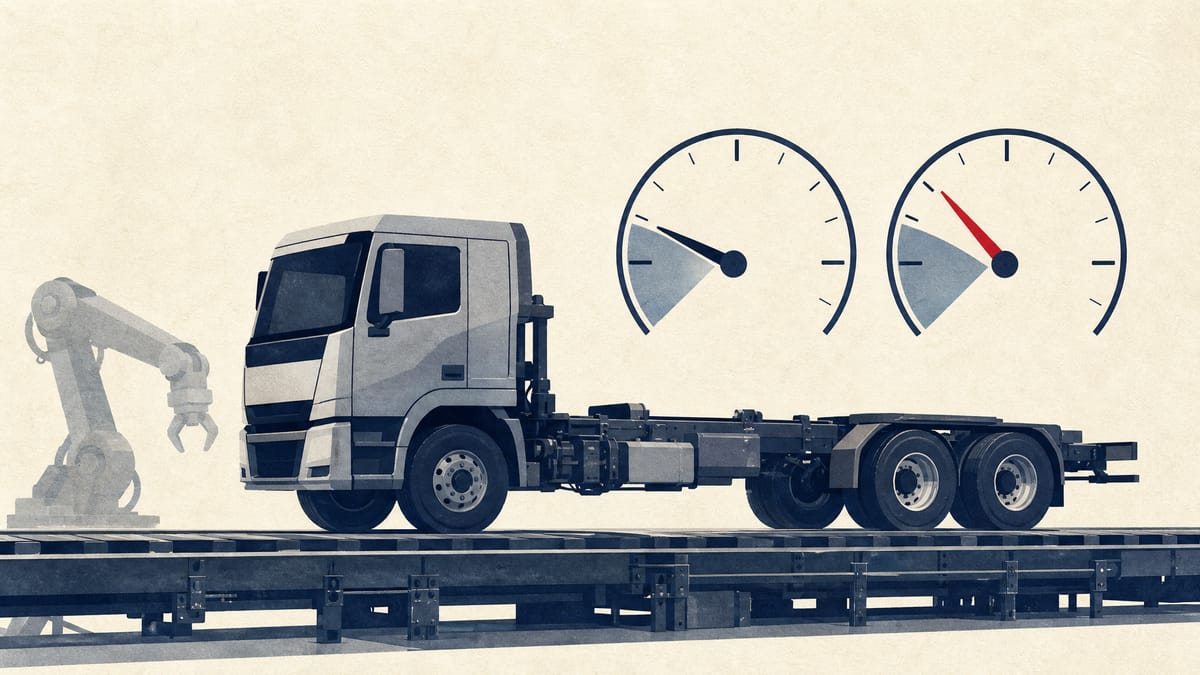 Editorial illustration of a commercial truck on an assembly line with two abstract ownership-percentage dial gauges overlaid near the cab, symbolizing a shareholder stake reduction.