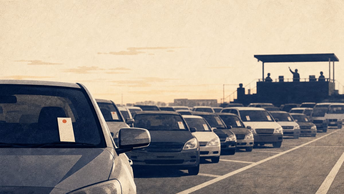 Rows of used vehicles with numbered tags lined up in an auction yard, illustrating rising sales volume at a car auction operator.