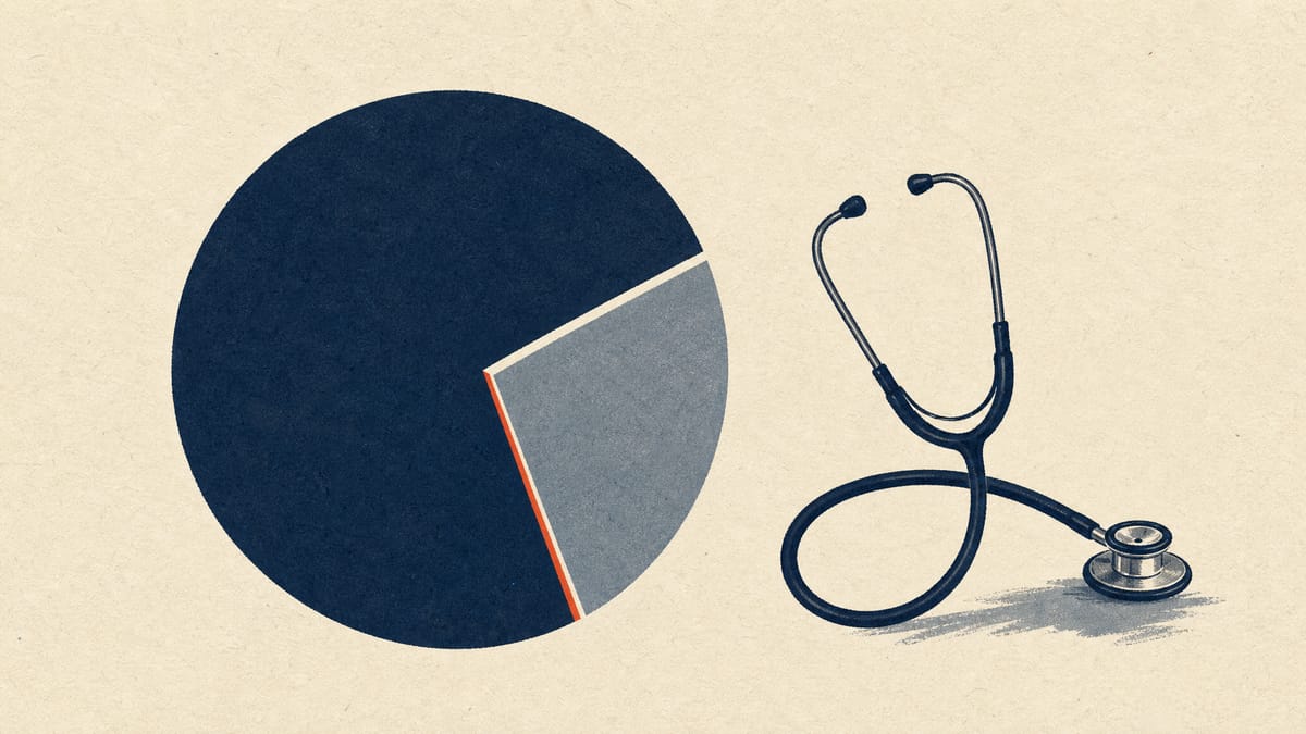 Abstract illustration of a majority shareholding split alongside a stethoscope icon representing the target company's healthcare business.