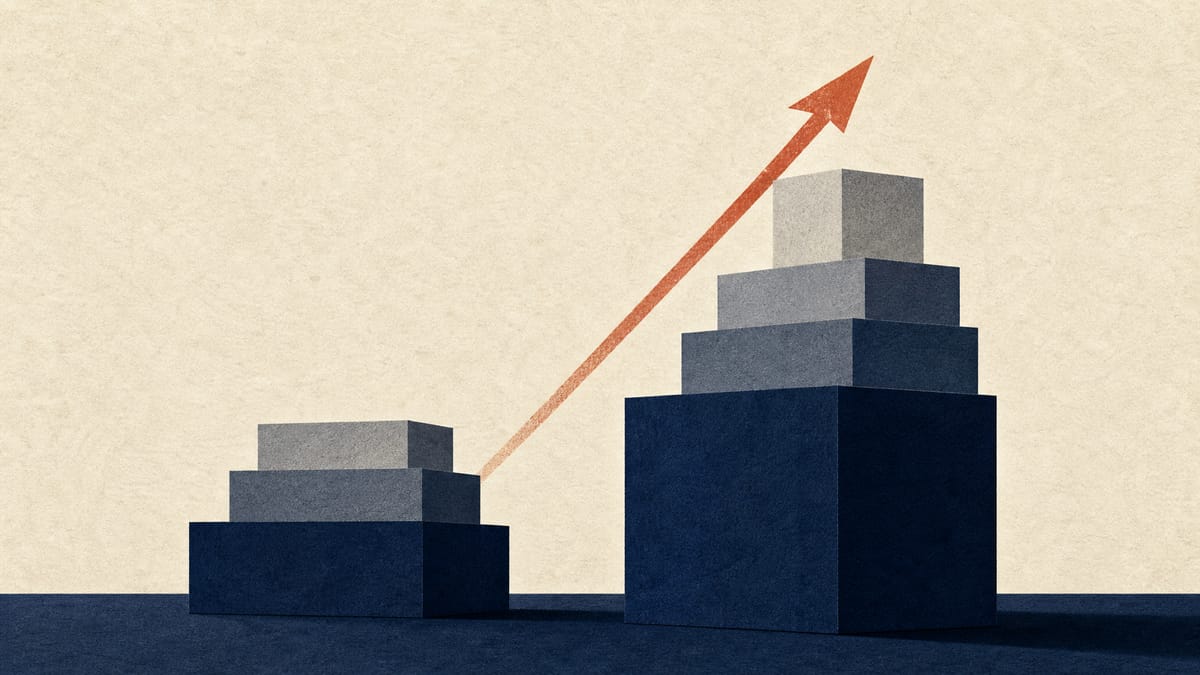 Abstract illustration of stacked ledger blocks in navy and grey, representing a bank's expanding balance sheet.
