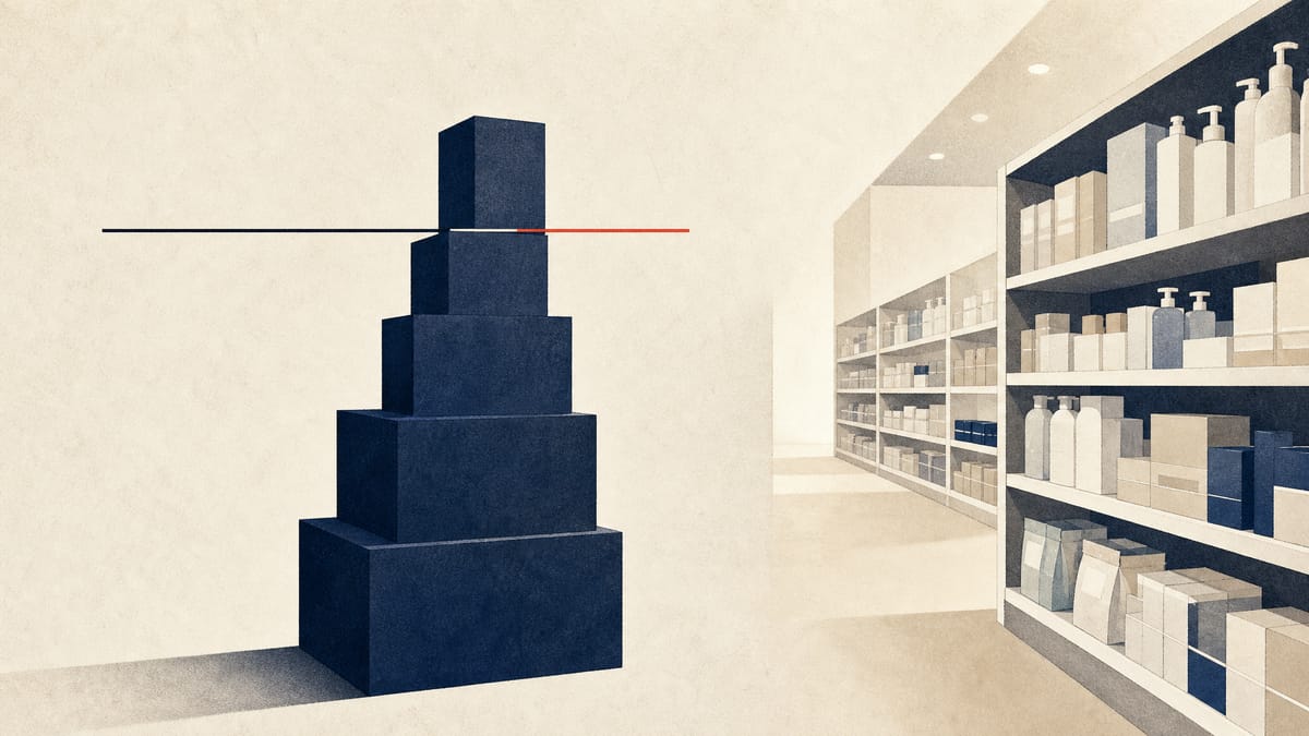 Illustration of stacked ownership blocks climbing past a threshold line next to a stocked drugstore aisle, symbolizing an investor group's rising stake in a Japanese retailer.