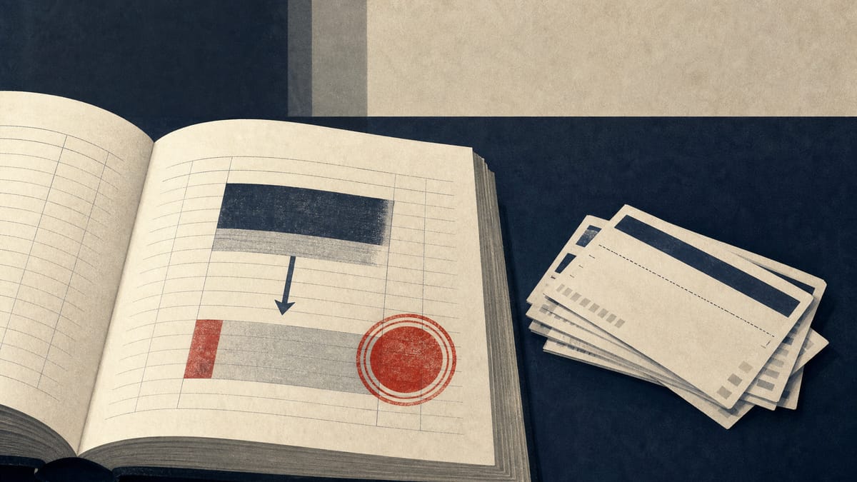 Editorial illustration of a bank ledger entry being stamped for provisioning next to a stack of credit-card processing slips, symbolizing a loan-loss disclosure
