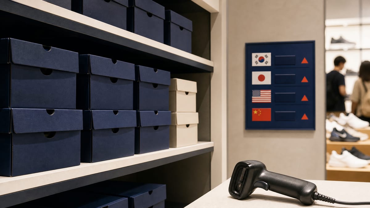 Shelves of stacked shoe boxes in a retail store aisle with a currency exchange rate display visible in the background.