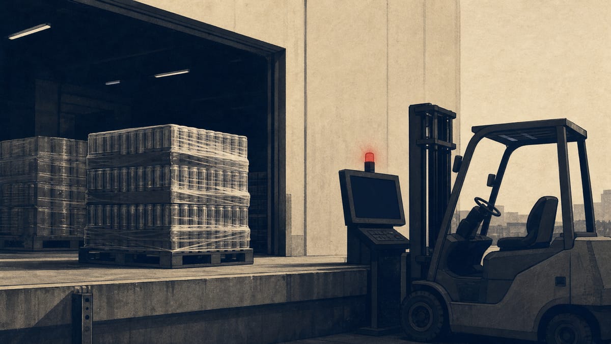 Illustration of an idle beverage warehouse loading dock with stacked pallets, a stopped forklift, and a dark order-terminal screen, representing a company's shipping systems knocked offline by a cyberattack.