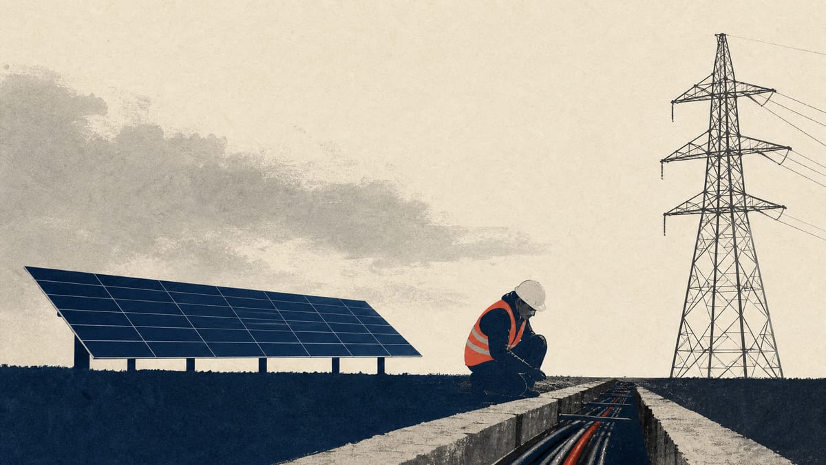 Solar panels under a cloudy sky next to a transmission tower, with a worker inspecting an open underground cable trench.