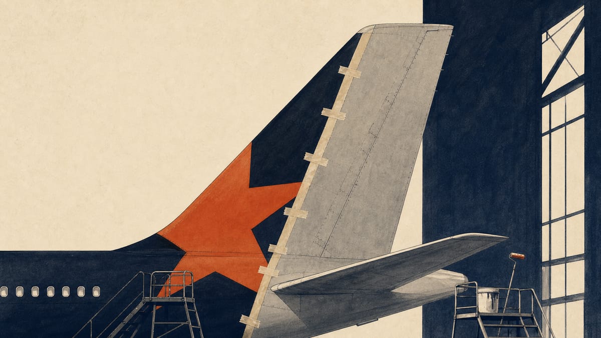 An aircraft tail section partly repainted inside a hangar, illustrating a budget airline mid-rebrand.