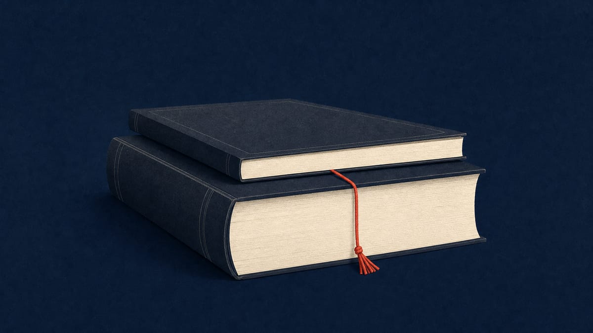 Illustration of a thick accounting rulebook and a thinner supplementary guide connected by a red thread, symbolizing an accounting exception split across two documents.