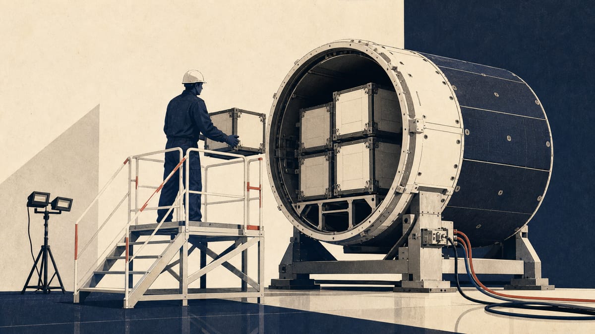Illustration of small payload crates being loaded into a modular cargo carrier destined for a rocket's cargo bay.