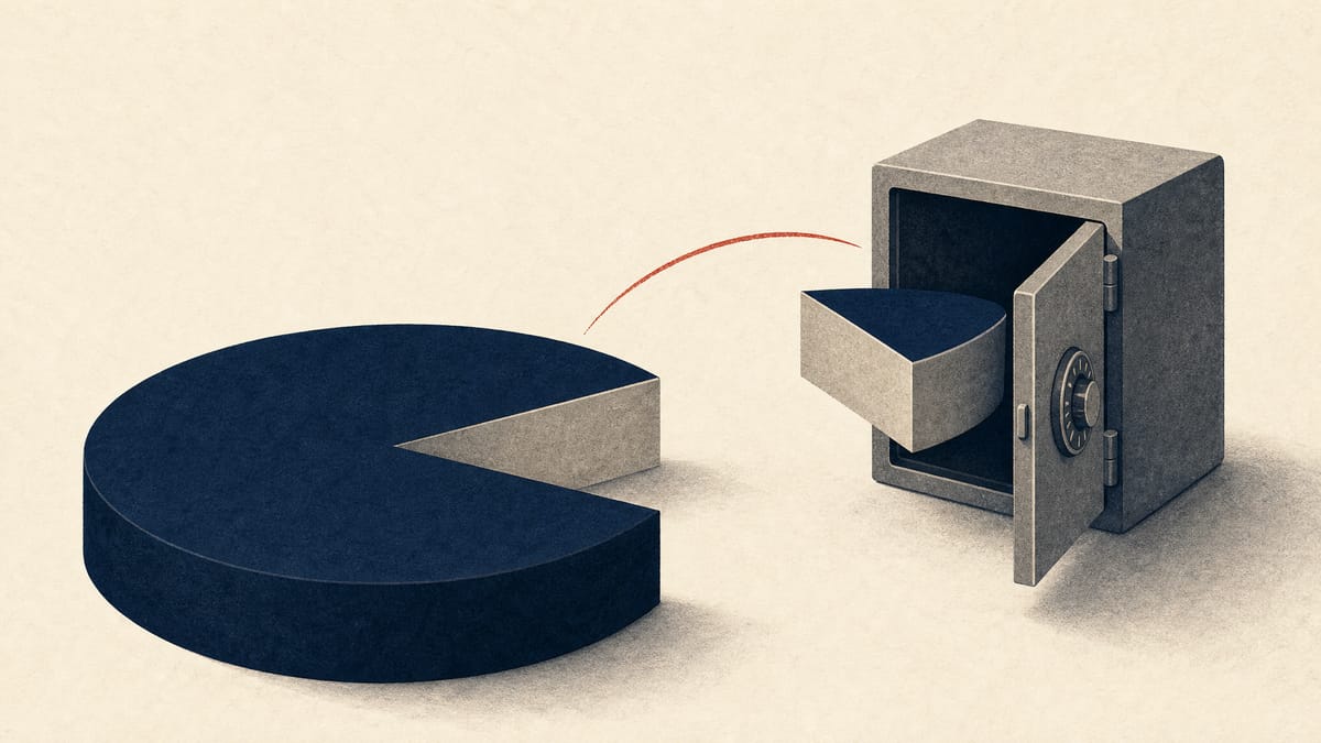 Illustration of a wedge being removed from a corporate ownership pie chart and placed into a small vault, symbolizing shares retired from the market.