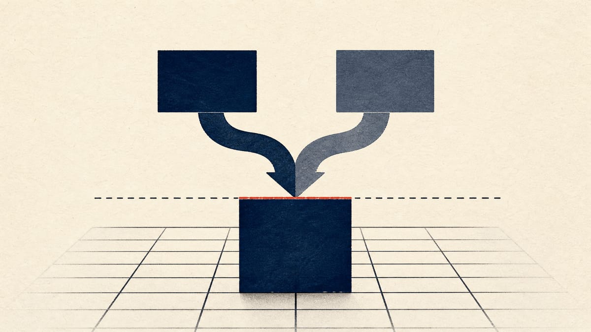 Abstract illustration of two ownership blocks merging into one larger block above a ledger grid, symbolizing a combined shareholding crossing a percentage threshold.