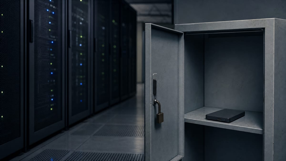 An unlocked storage cabinet inside a server room with a small unlabeled SSD drive beside it, illustrating a missing backup device.