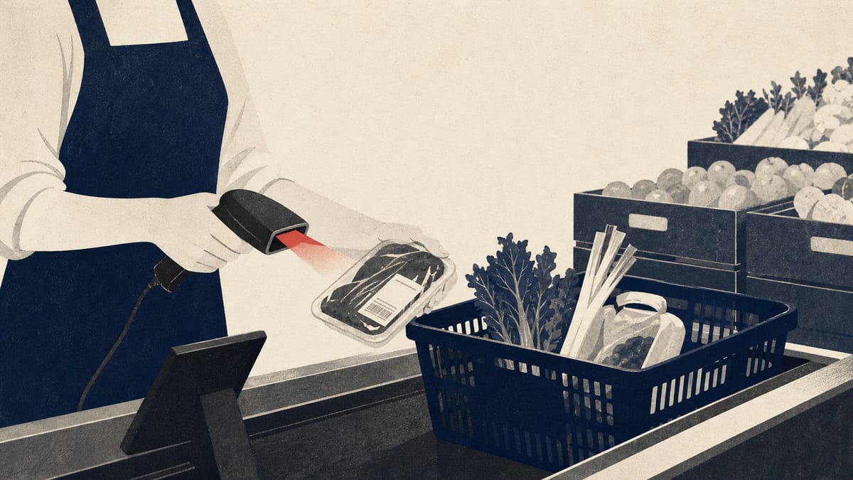 Editorial photograph of a supermarket checkout lane with a cashier scanning groceries and produce crates stacked nearby.