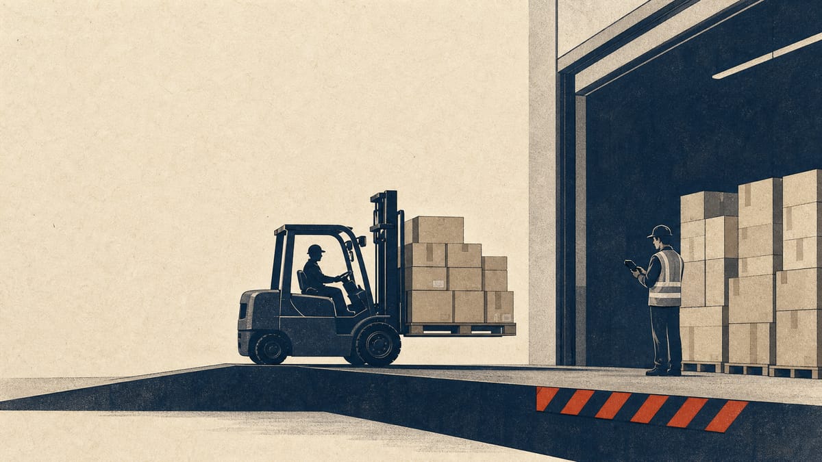 Warehouse workers and a forklift moving pallets of cosmetics and daily-goods cartons at a wholesale distribution center, illustrating the consolidation of PALTAC into Medipal Holdings.