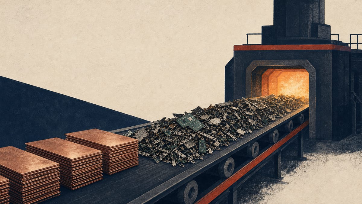Industrial illustration of copper cathodes and shredded electronic scrap on a conveyor belt heading toward a smelting furnace, representing investment in metal recycling.