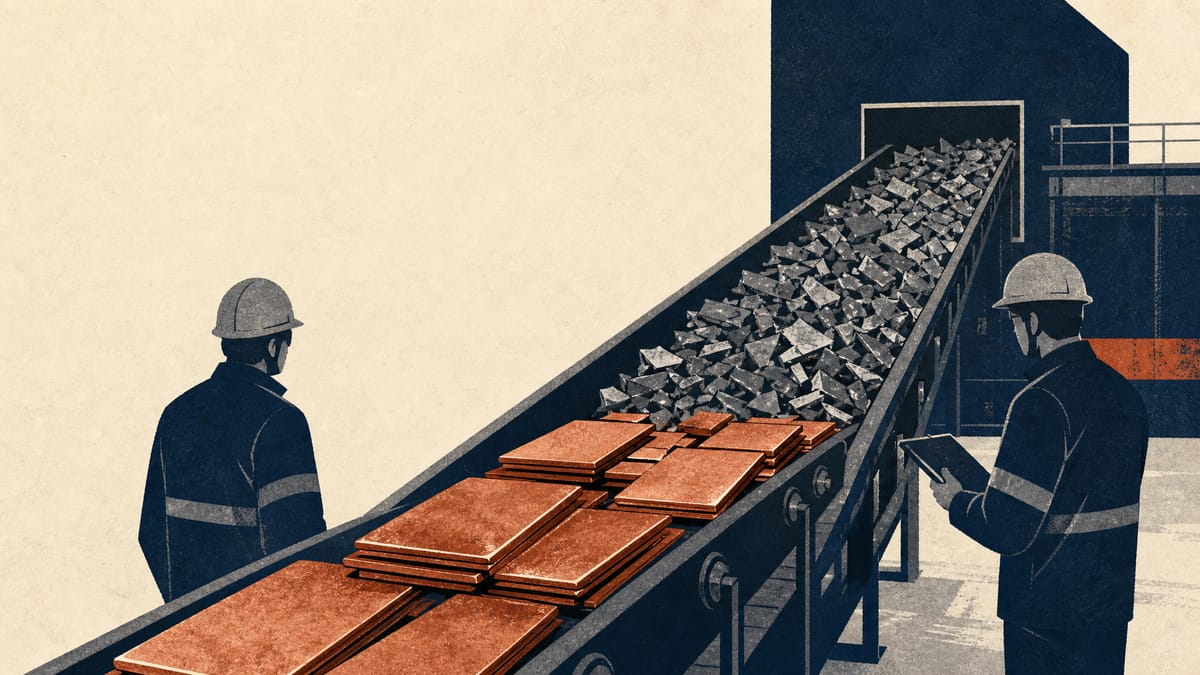 Editorial illustration of a metals-recycling yard with copper cathodes and scrap on a conveyor belt.